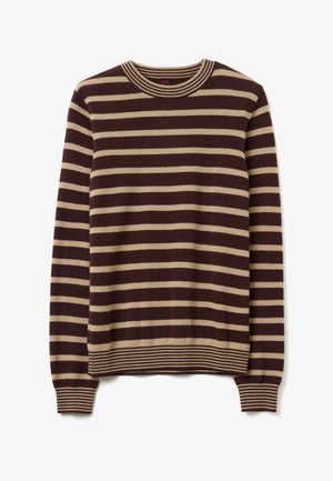 Suéter de rayas con franjas horizontales en marrón oscuro y beige, cuello redondo, puños y dobladillo de canalé, material de punto suave.