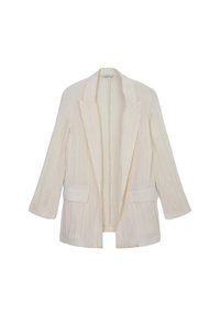 Helle beige, übergroße Blazerjacke, strukturiertes Gewebe, Schalkragen, offene Vorderseite, zwei vordere Taschen, lange Ärmel, unstrukturierter Schnitt.