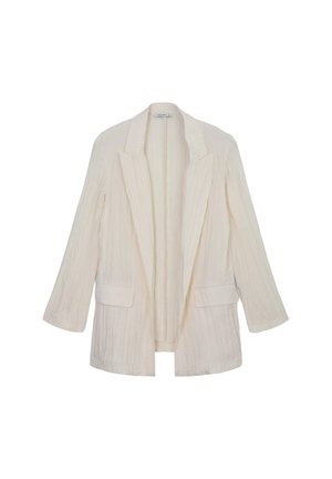 Blazer oversize beige chiaro, tessuto testurizzato, colletto a scialle, apertura frontale, due tasche frontali, maniche lunghe, design non strutturato.