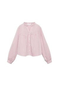 Ružičasta i bijela prugasta bluzica s okruglim izrezom, zatvaranjem na gumb i dugim rukavima. Izrađena od laganog materijala, s naboranim dizajnom.