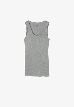 Grå tanktopp i lätt tyg. Har en skopprofil och är utan ärmar, med en slät textur och minimalistisk stil.