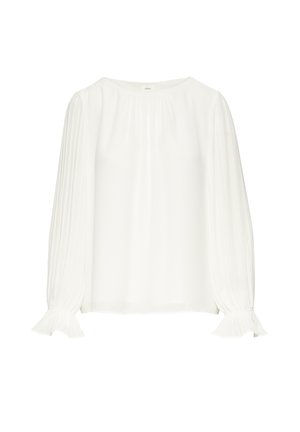 Witte blouse van lichtgewicht stof, met lange geplooide mouwen en een geraffineerde halslijn. De manchetten hebben een gerimpeld ontwerp voor extra detail.