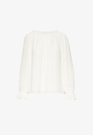 Witte blouse van lichtgewicht stof, met lange geplooide mouwen en een geraffineerde halslijn. De manchetten hebben een gerimpeld ontwerp voor extra detail.