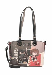 Bunte Handtasche mit einer glatten, synthetischen Oberfläche. Verfügt über künstlerische Designs, darunter stilisierte Charaktere und Pariser Wahrzeichen. Zwei Griffe und ein abnehmbarer Schultergurt.