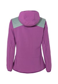 Lila Jacke mit Kapuze, verfügt über graue Schulterapplikationen, strukturierten Stoff, lange Ärmel und einen geraden Saum.