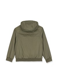 Olivgrüne Kapuzenjacke mit geripptem Saum und Bündchen. Glattes Material mit leicht glänzender Textur, mit einem schlichten Rückendesign ohne Verzierungen.