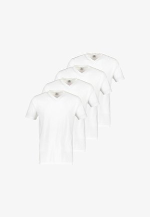 Vier schlichte weiße Kurzarm-V-Ausschnitt-T-Shirts übereinander gestapelt, nach vorn ausgerichtet, auf einem weißen Hintergrund.