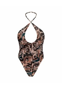 Costume intero in un motivo astratto geometrico, con scollatura a V profonda, spalline all'americana e una combinazione di colori marrone, rosa e teal.