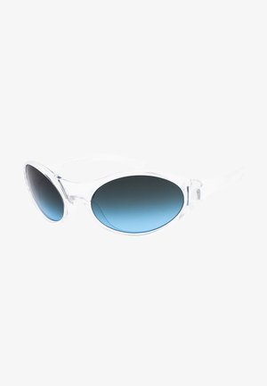 Occhiali da sole con montatura trasparente e forma ovale allungata. Lenti blu sfumate, texture liscia, hardware minimo e senza pattern visibili.