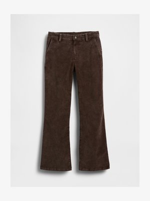 Brown corduroy flared pants with a smooth texture, featuring front pockets and a single button closure at the waist.