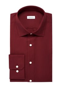 Bordeaux dress shirt met een klassieke kraag, knoopsluiting en lange mouwen. Heeft een enkele manchette en een gladde, textuurstof.