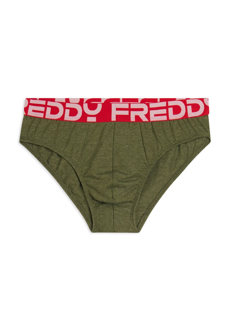 Slip in cotone verde oliva con ampia fascia in vita rossa con il logo “FREDDY” in bianco. Texture liscia e forma classica del slip.