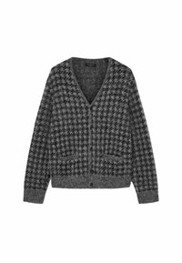 Grå hundetann cardigan med v-hals, lange ermer og lommer foran. Laget av myk, teksturert stoff med knappelukking.