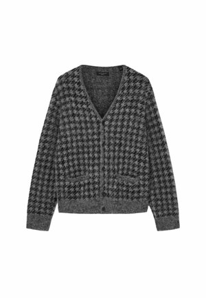 Cardigan gri cu model houndstooth, cu guler în V, mâneci lungi și buzunare frontale. Fabricat dintr-un material moale, texturat, cu închidere cu nasture.