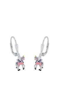 Orecchini a perno argentati con ciondoli di unicorni rosa e viola con corna gialle e zoccoli neri. Design dettagliato e colorato.