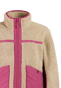 Beige sherpa fleece jacket with high collar, front zipper, and pink fabric trim and pockets with snap button closure.