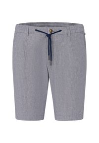 Gestreifte Shorts in Hellgrau und Marineblau. Hergestellt aus leichtem Stoff, mit einem Kordelzug und einem einzelnen Knopfverschluss.