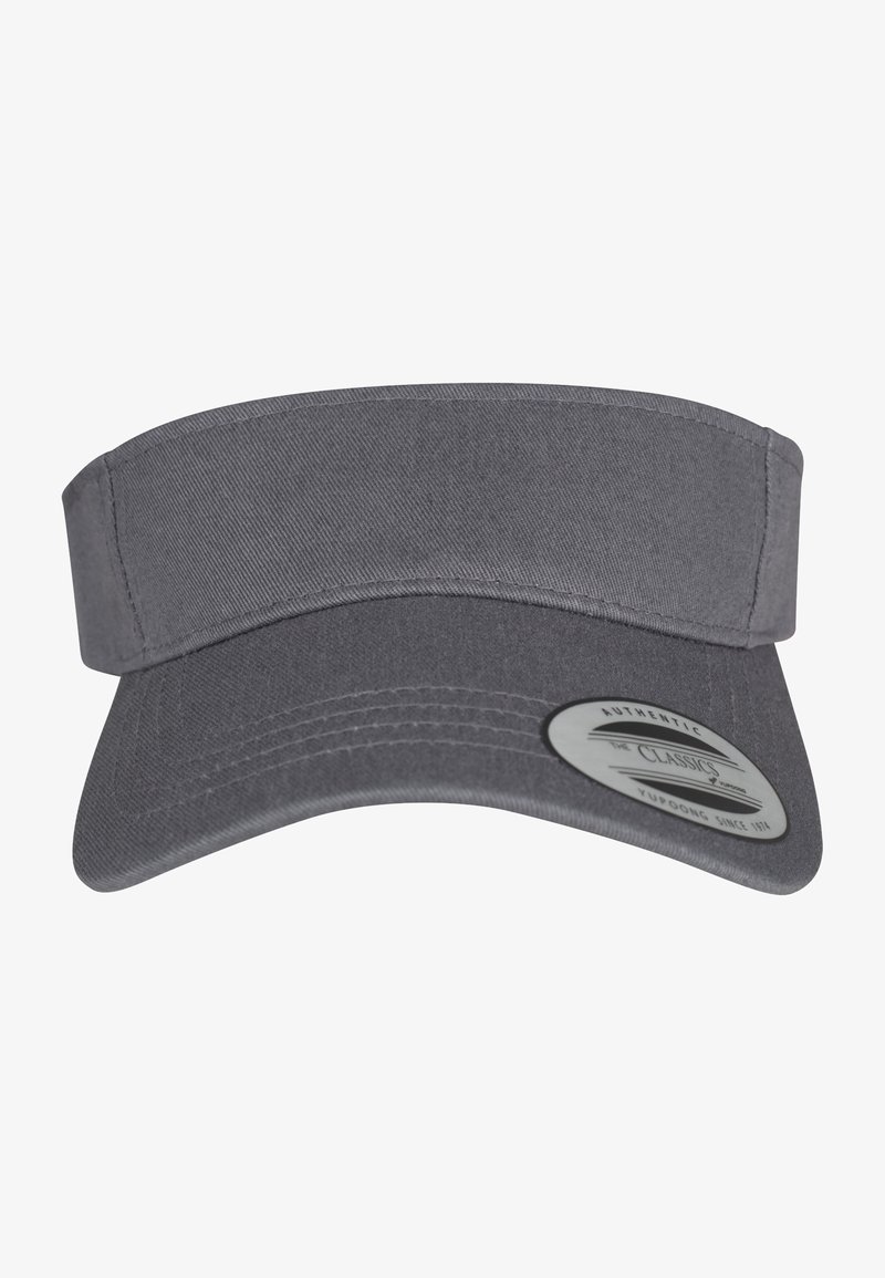 Gray visor cap with a wide, flat brim and textured fabric. Features a round label on the front with brand details and stitching accents.