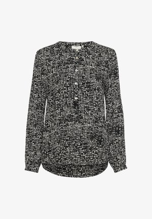 Schwarz-weiße gedruckte Bluse mit Knopfleiste, langen Ärmeln, abgerundetem Saum und strukturiertem Muster, das kleinen Punkten und Linien ähnelt.