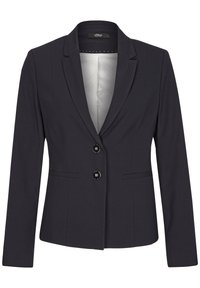 Navy blazer with a fitted design, single-breasted front, two black buttons, and two side pockets. Lined interior with subtle dot pattern.