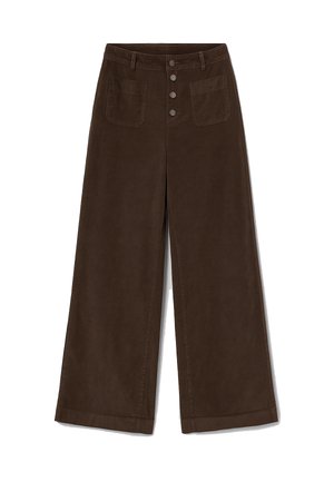 Pantaloni a gamba larga di colore marrone scuro, realizzati in tessuto morbido. Presentano cinque bottoni in vita, due tasche frontali e un orlo rifinito con cura.