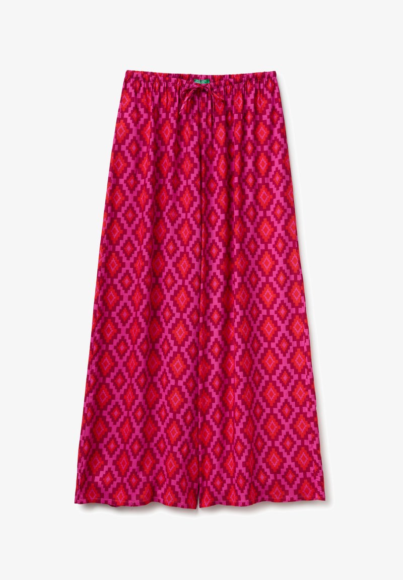 Wide-leg pants in bright pink with red geometric diamond patterns and an elastic waistband with a drawstring.
