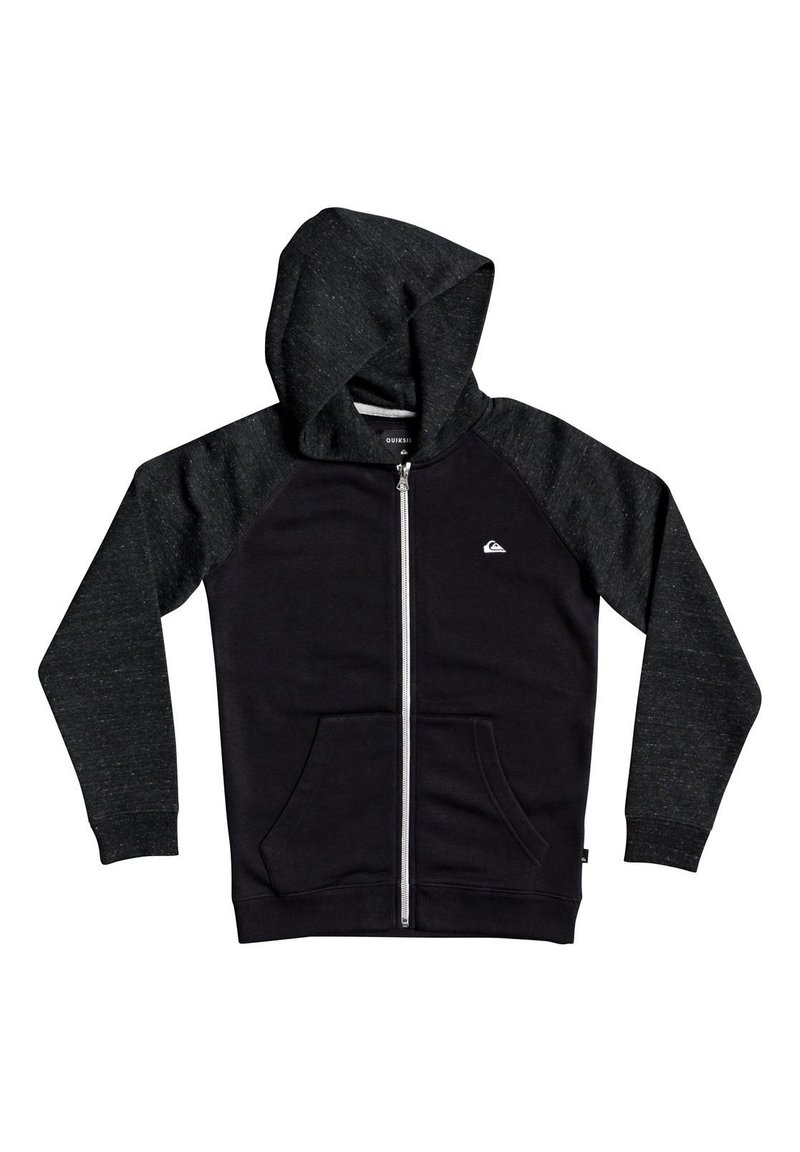 Felpa nera con zip e cappuccio, maniche a raglan grigio scuro a contrasto, due tasche frontali e un piccolo logo sul petto. Tessuto morbido.