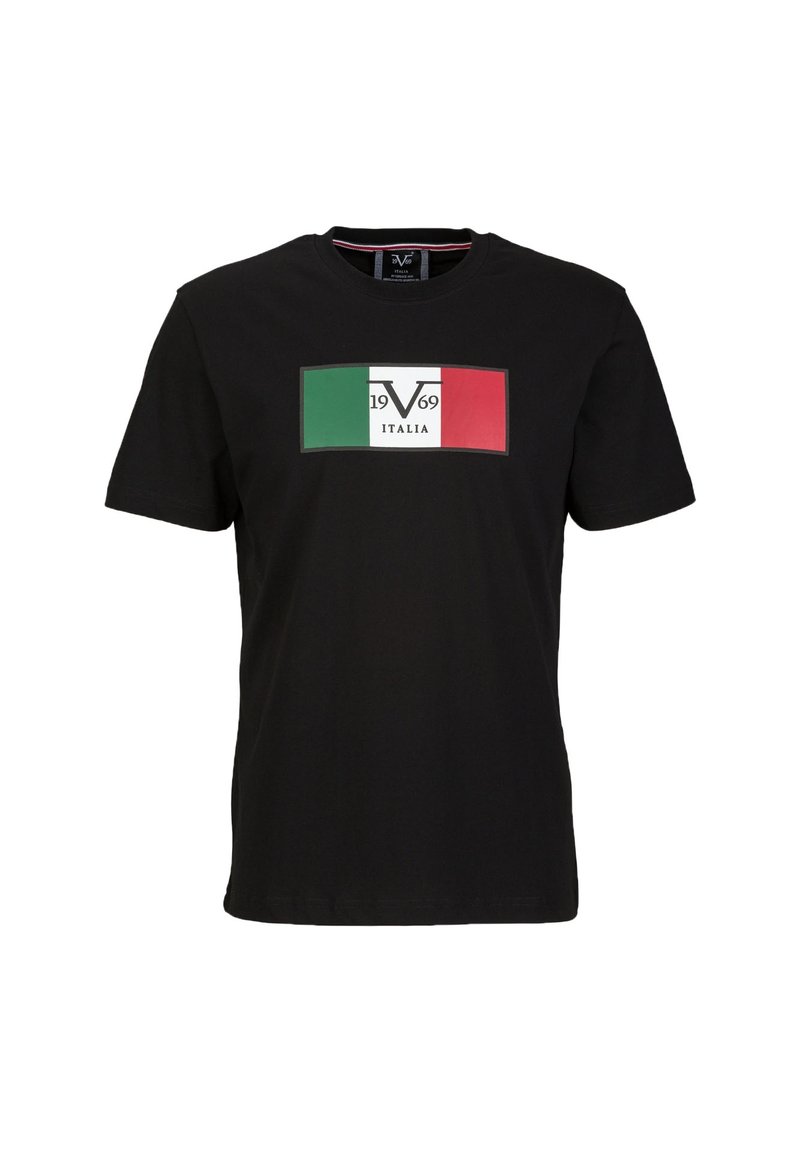 Schwarzes Baumwoll-T-Shirt mit einem rechteckigen Grafikdesign der italienischen Flagge, dem Text "1969" und "ITALIA" in Weiß. Rundhalsausschnitt und kurze Ärmel.