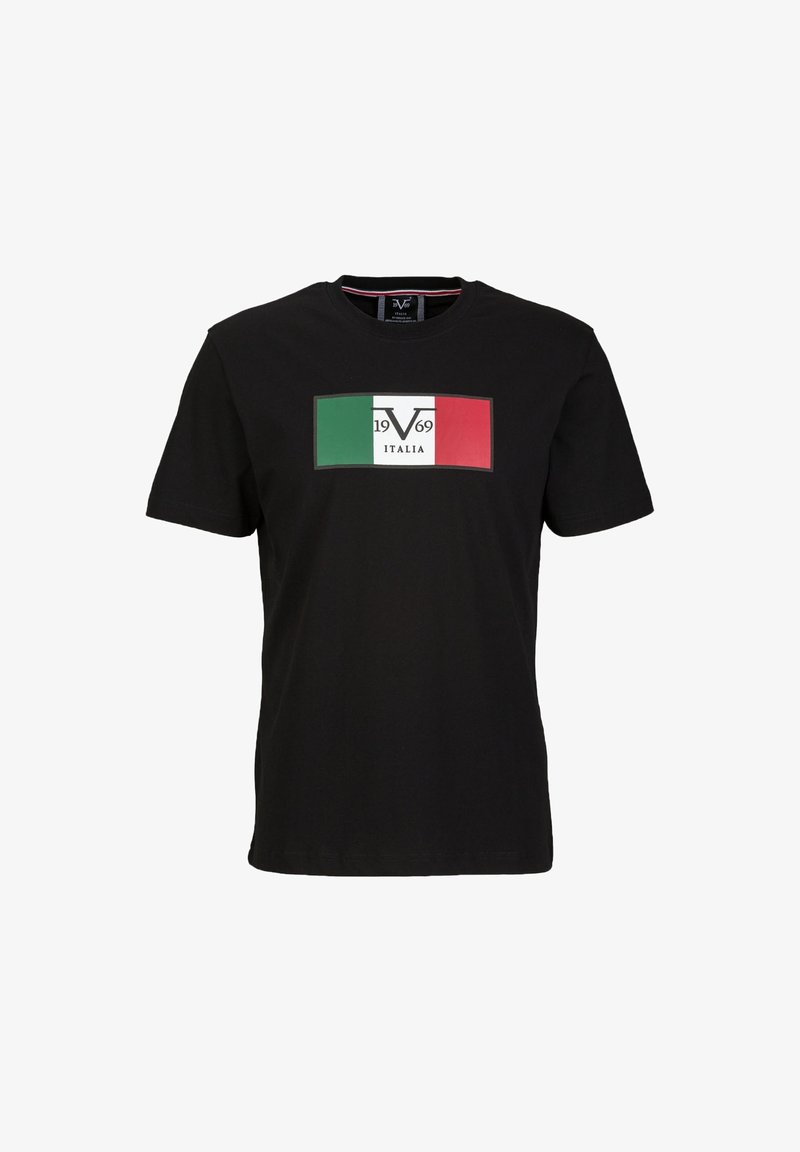 Schwarzes Baumwoll-T-Shirt mit einem rechteckigen Grafikdesign der italienischen Flagge, dem Text "1969" und "ITALIA" in Weiß. Rundhalsausschnitt und kurze Ärmel.