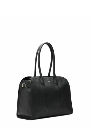 Sac à main en cuir noir au design structuré, doté de deux longues poignées, d'accents en métal doré et d'une texture subtile, muni d'une fermeture éclair.