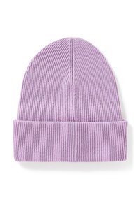 Berretto lavorato a maglia color lilla con una texture a coste, caratterizzato da un risvolto e una cima liscia. Il design è semplice e privo di decorazioni.