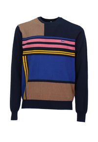 Maglione girocollo con un design a blocchi di colore in navy, marrone, rosa e blu. Presenta righe orizzontali e un piccolo logo sul petto.