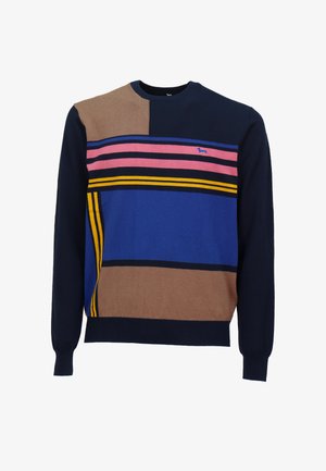 Maglione girocollo con un design a blocchi di colore in navy, marrone, rosa e blu. Presenta righe orizzontali e un piccolo logo sul petto.