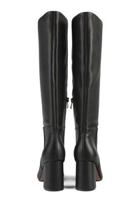Knee-high black leather boots with a textured finish, square heels, and zippers on the back for closure.
