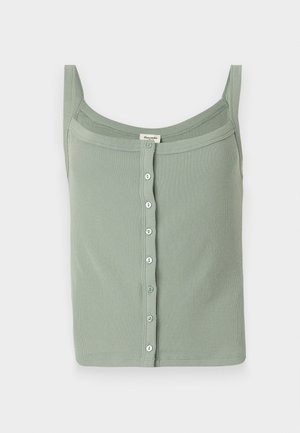 Green ribbed tank top with thin straps and a straight neckline, featuring a front button closure and a fitted design.