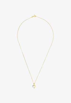Collar de cadena en tono dorado que presenta un colgante en forma de corazón bicolor con un pequeño acento de diamante. Diseño elegante con cierre de langosta.