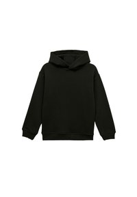 Czarna bluza z kapturem wykonana z miękkiego materiału. Posiada przednią kieszeń typu kangur, długie rękawy oraz luźny krój. Prosty design bez wzorów.