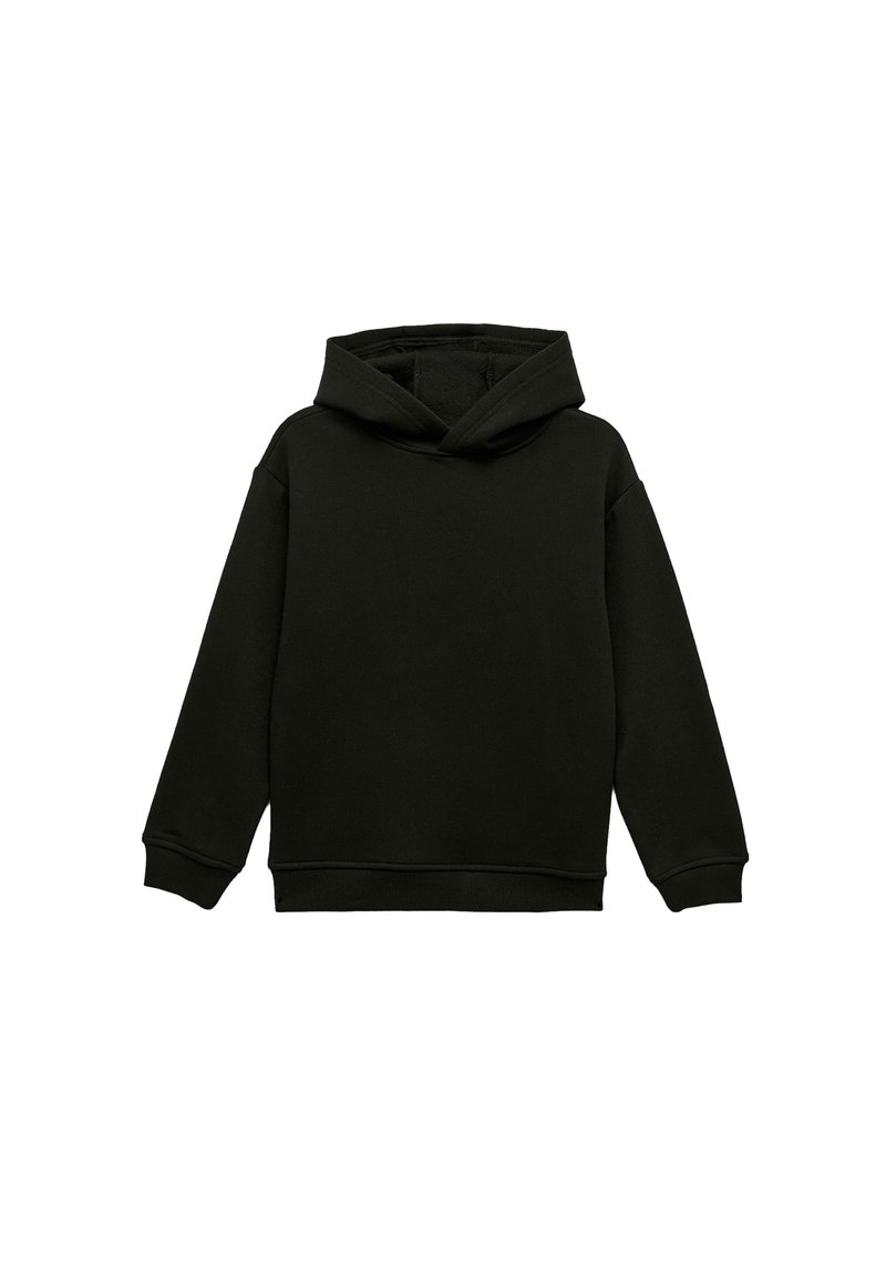 Czarna bluza z kapturem wykonana z miękkiego materiału. Posiada przednią kieszeń typu kangur, długie rękawy oraz luźny krój. Prosty design bez wzorów.