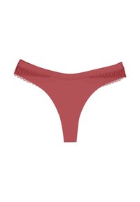 Rode stringonderbroek met een gladde textuur, voorzien van een delicate kantafwerking langs de tailleband. Minimalistisch design met een V-vorm.