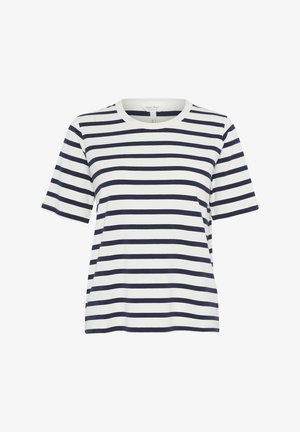 Puuvillane t-särk ümarate kaelustega, lühikeste varrukatega, laevatumesiniste ja valgete horisontaalsete triipudega. Pehme tekstuur, vabalt langev lõige ja nähtavad õmblusdetailid.