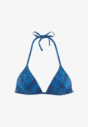 Blaue, gemusterte Bikini-Oberteil mit dreieckigen Cups, verstellbaren Nackenbändern und gerafften Kanten. Das Design zeigt Streifen in verschiedenen Blautönen.
