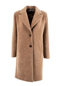 Abrigo marrón de mezcla de lana con un patrón de espiga texturizado, solapas con muesca, dos botones negros y bolsillos laterales. Diseño de longitud media.