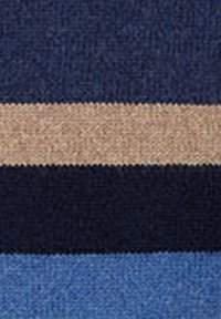 Tessuto a righe multicolore con bande orizzontali di blu scuro, marrone chiaro e sfumature di blu, caratterizzato da un aspetto testurizzato.