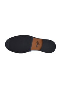 Black rubber shoe sole with horizontal ridges, featuring a tan leather insole marked with size 37. Sleek and flat design.