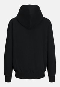 Sweatshirt noir à capuche avec une texture lisse, des poignets et un ourlet côtelés, sans éléments visibles de design ou logos au dos.
