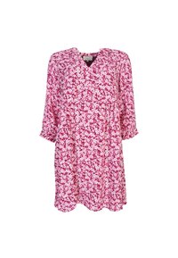 Floral dress in pink and white with a V-neckline, three-quarter sleeves, and a loose fit. Made from lightweight, textured fabric.