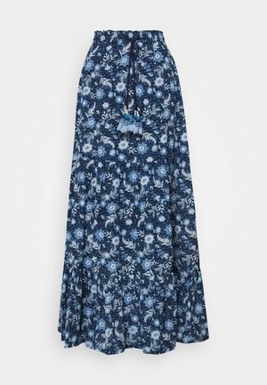 Lange, gelaagde maxi-jurk in donkerblauw met een bloemenpatroon in lichtblauw en wit. Elastische tailleband met koord en kwastaccenten.