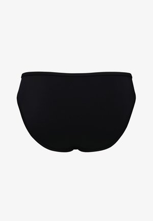 Sorte svømmedragter med en glat tekstur, der har et enkelt design og en elastisk talje, som giver en tætsiddende pasform uden dekorationer.