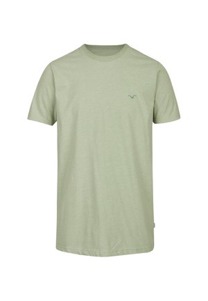 Light green cotton t-shirt with a crew neckline and short sleeves; features a small green logo on the left chest area.