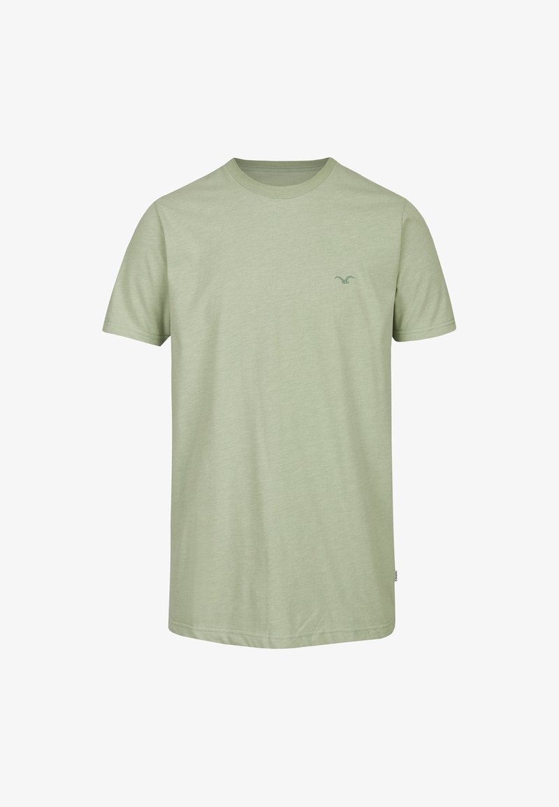 Light green cotton t-shirt with a crew neckline and short sleeves; features a small green logo on the left chest area.